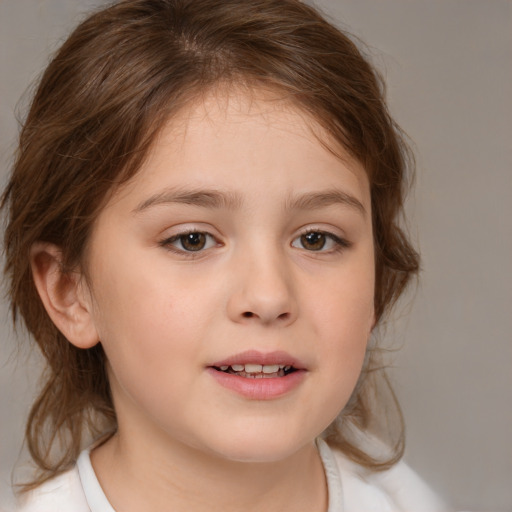 Joyful white child female with medium  brown hair and brown eyes