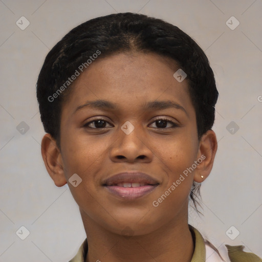 Joyful black young-adult female with short  brown hair and brown eyes