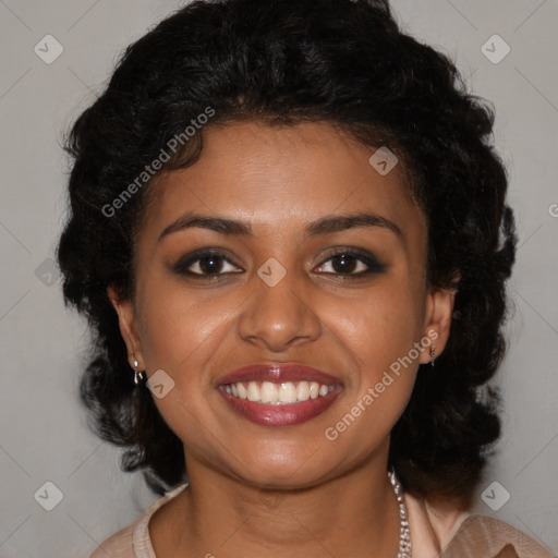 Joyful black young-adult female with medium  brown hair and brown eyes