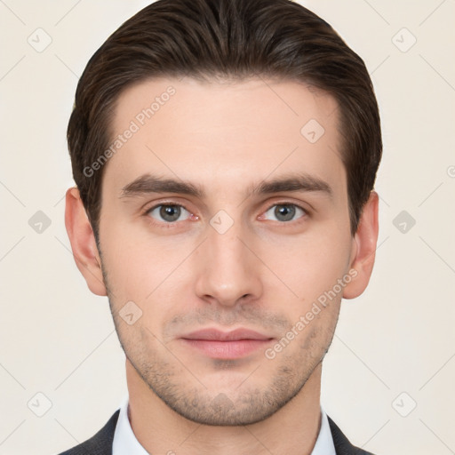 Neutral white young-adult male with short  brown hair and brown eyes