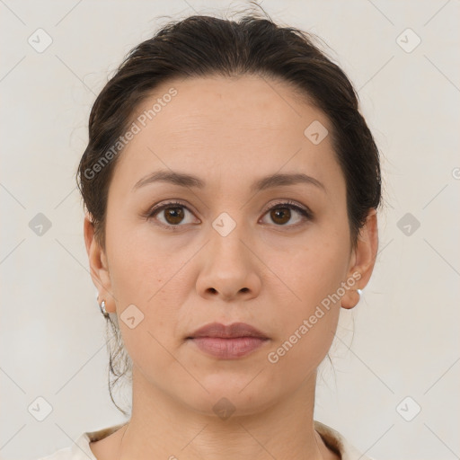 Neutral white young-adult female with medium  brown hair and brown eyes