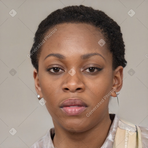 Neutral black young-adult female with short  brown hair and brown eyes