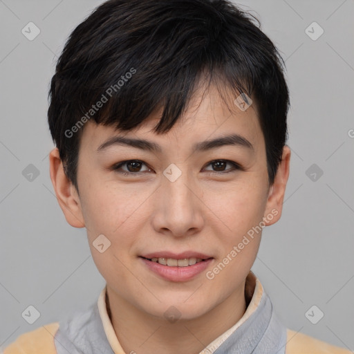 Joyful asian young-adult female with short  brown hair and brown eyes