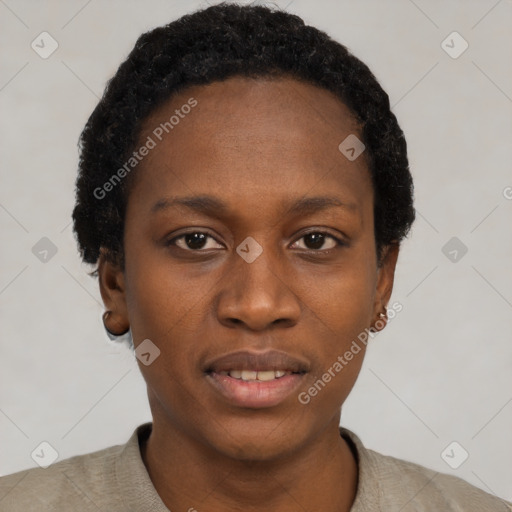 Neutral black young-adult female with short  black hair and brown eyes