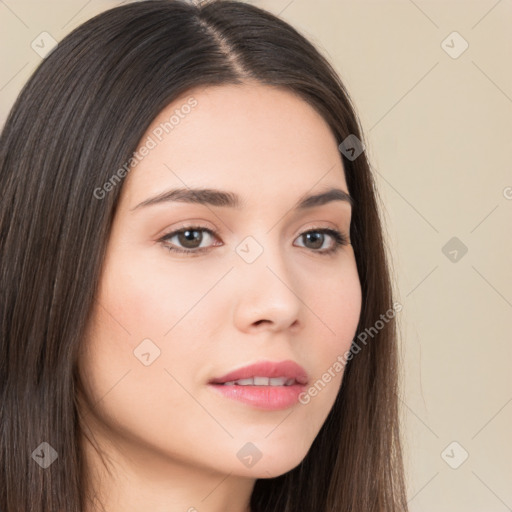 Neutral white young-adult female with long  brown hair and brown eyes