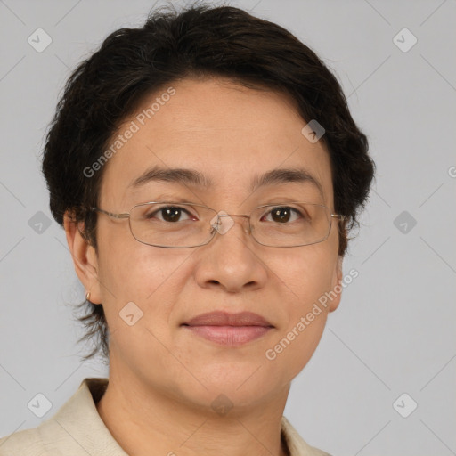 Joyful white adult female with short  brown hair and brown eyes