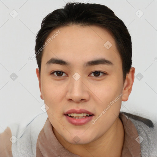 Joyful asian young-adult female with short  brown hair and brown eyes