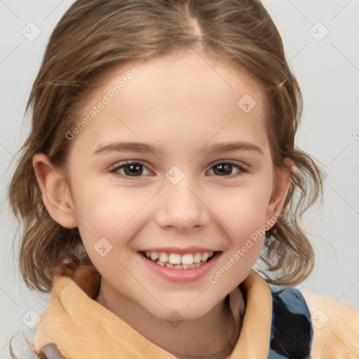 Joyful white child female with medium  brown hair and brown eyes