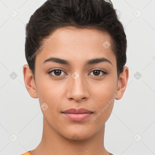 Joyful white young-adult female with short  brown hair and brown eyes