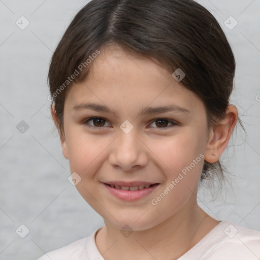 Joyful white child female with medium  brown hair and brown eyes