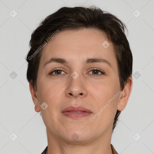 Neutral white adult female with short  brown hair and brown eyes