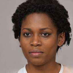 Neutral black young-adult female with short  black hair and brown eyes