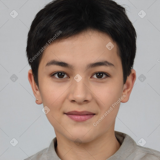 Joyful white young-adult female with short  brown hair and brown eyes