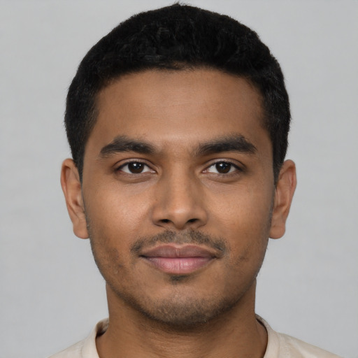 Neutral latino young-adult male with short  black hair and brown eyes