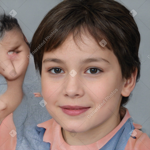 Joyful white child female with medium  brown hair and brown eyes