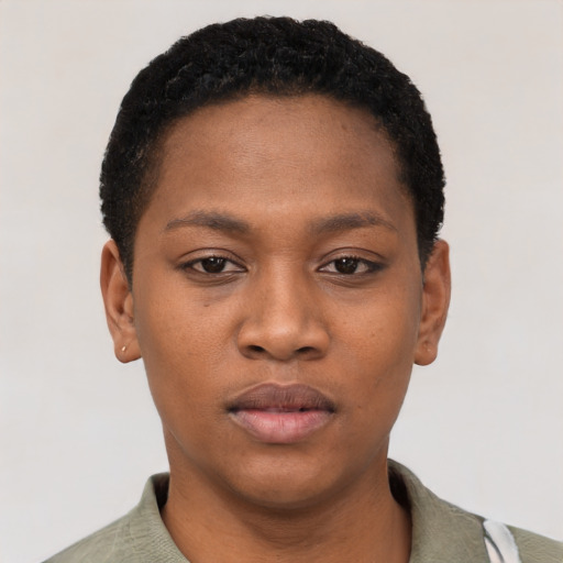 Neutral black young-adult female with short  black hair and brown eyes