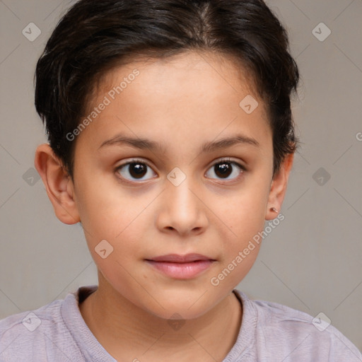 Joyful white child female with short  brown hair and brown eyes