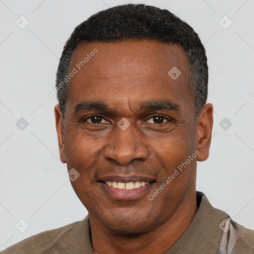 Joyful black adult male with short  black hair and brown eyes