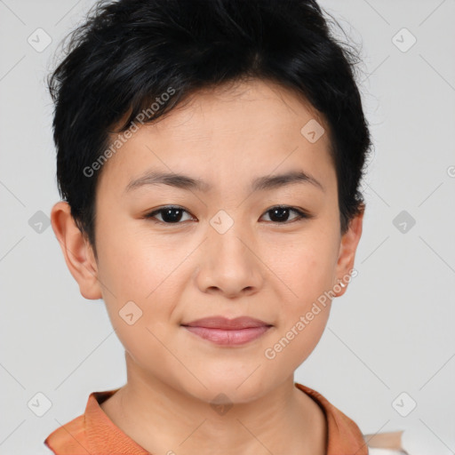 Joyful asian young-adult female with short  brown hair and brown eyes