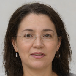 Joyful white adult female with medium  brown hair and grey eyes