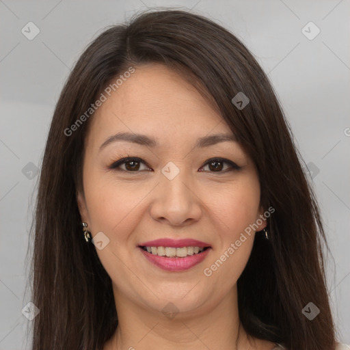 Joyful white young-adult female with long  brown hair and brown eyes