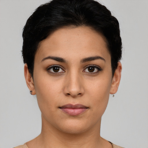 Neutral latino young-adult female with short  black hair and brown eyes