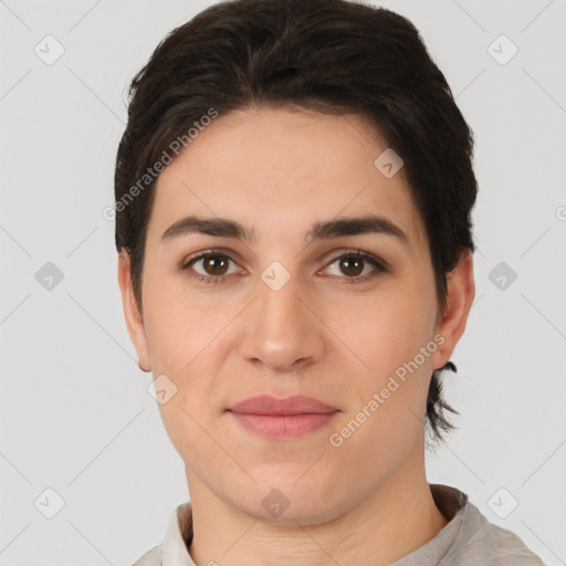 Joyful white young-adult female with short  brown hair and brown eyes