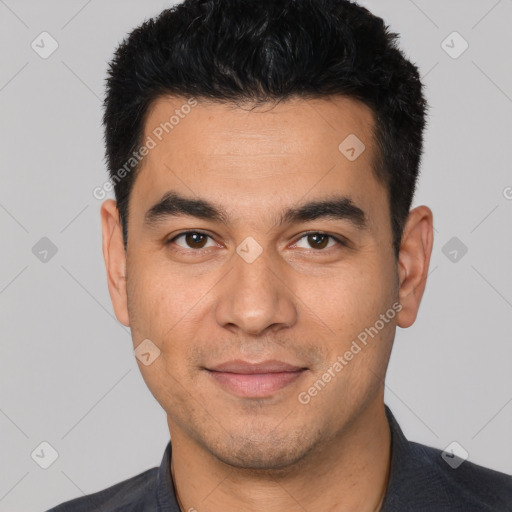 Joyful white young-adult male with short  black hair and brown eyes