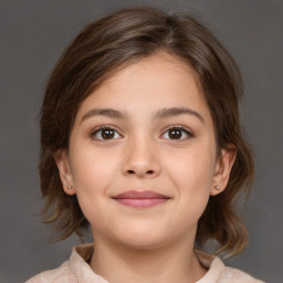 Joyful white child female with medium  brown hair and brown eyes