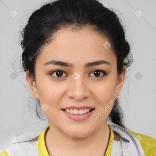 Joyful latino young-adult female with short  brown hair and brown eyes