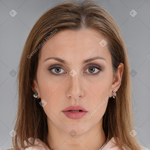 Neutral white young-adult female with long  brown hair and brown eyes