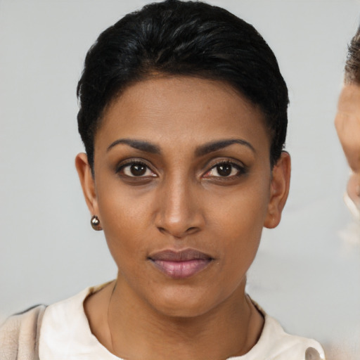 Neutral latino young-adult female with short  black hair and brown eyes