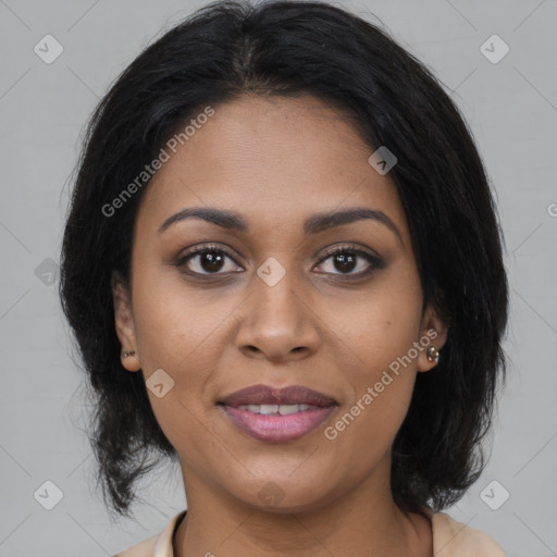 Joyful latino young-adult female with medium  brown hair and brown eyes