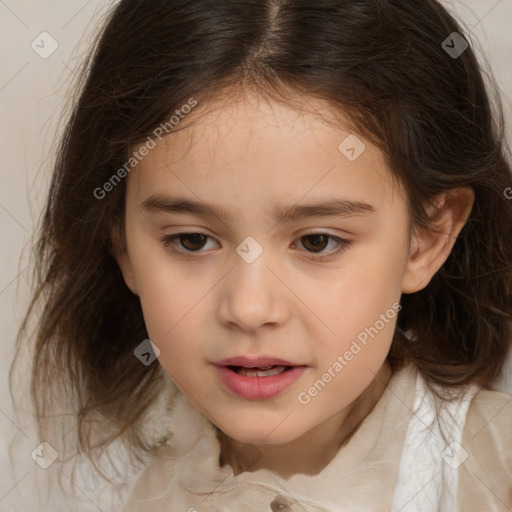 Joyful white child female with medium  brown hair and brown eyes