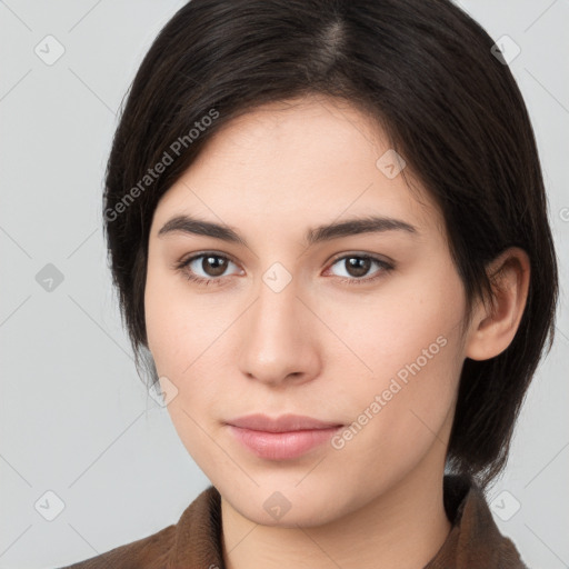 Neutral white young-adult female with medium  brown hair and brown eyes