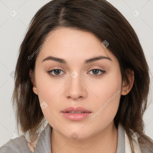 Neutral white young-adult female with medium  brown hair and brown eyes