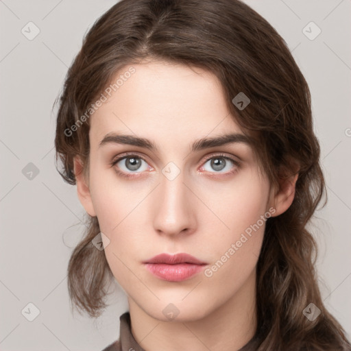 Neutral white young-adult female with medium  brown hair and grey eyes