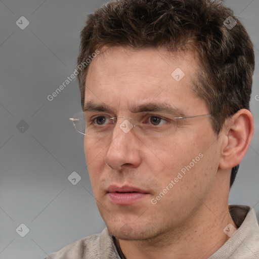 Neutral white adult male with short  brown hair and brown eyes