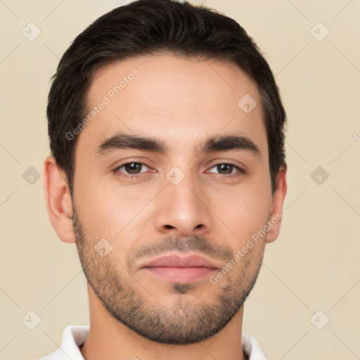 Neutral white young-adult male with short  brown hair and brown eyes