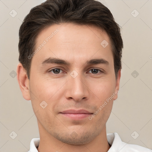 Neutral white young-adult male with short  brown hair and brown eyes