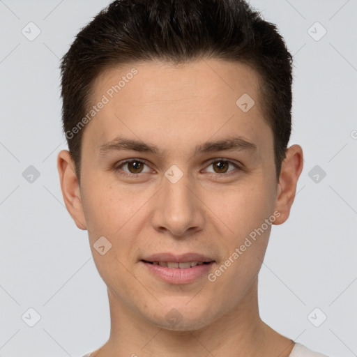 Joyful white young-adult male with short  brown hair and brown eyes