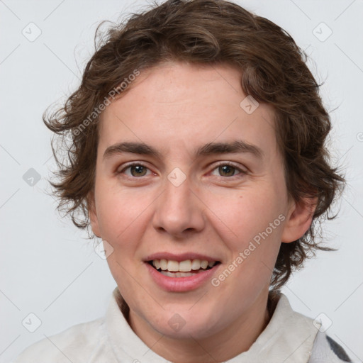 Joyful white young-adult female with medium  brown hair and green eyes