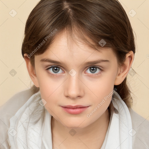 Joyful white child female with medium  brown hair and brown eyes