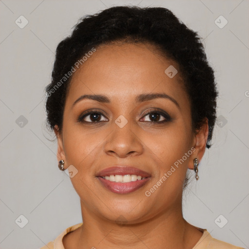 Joyful latino young-adult female with short  brown hair and brown eyes