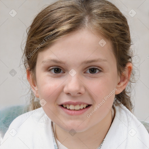 Joyful white child female with medium  brown hair and brown eyes