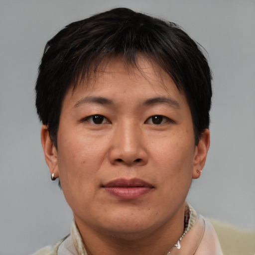 Joyful asian adult female with short  brown hair and brown eyes