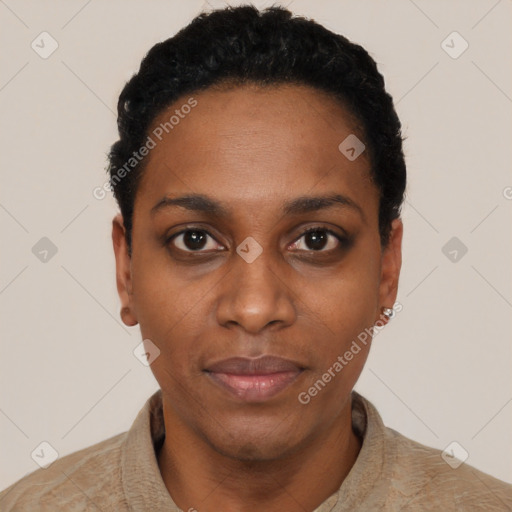 Neutral black young-adult female with short  black hair and brown eyes