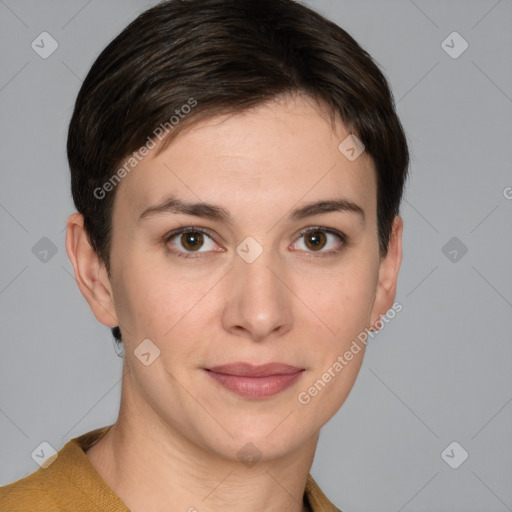 Joyful white young-adult female with short  brown hair and brown eyes