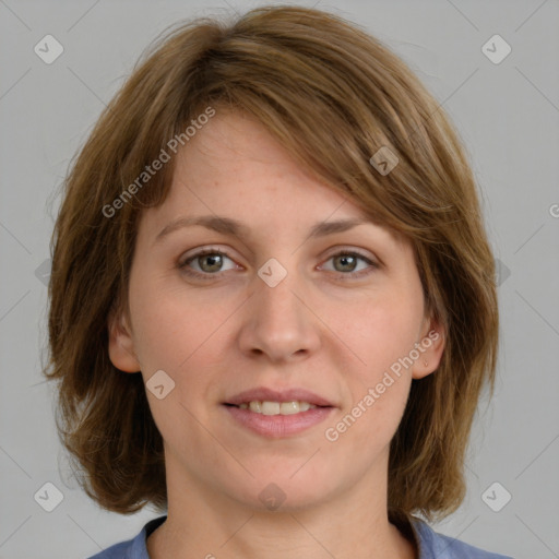 Joyful white young-adult female with medium  brown hair and blue eyes