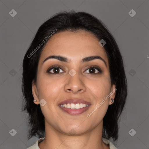 Joyful latino young-adult female with medium  brown hair and brown eyes